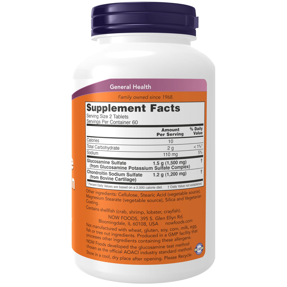 NOW Foods Glucosamine-Chondroitin tablets close-up for daily joint comfort.