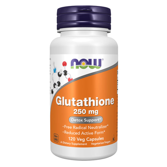NOW Foods Glutathione 250 mg bottle viewed for compact daily use and clarity
