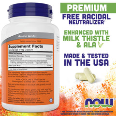 NOW Foods Glutathione 500 mg bottle label showing ingredients and boosters