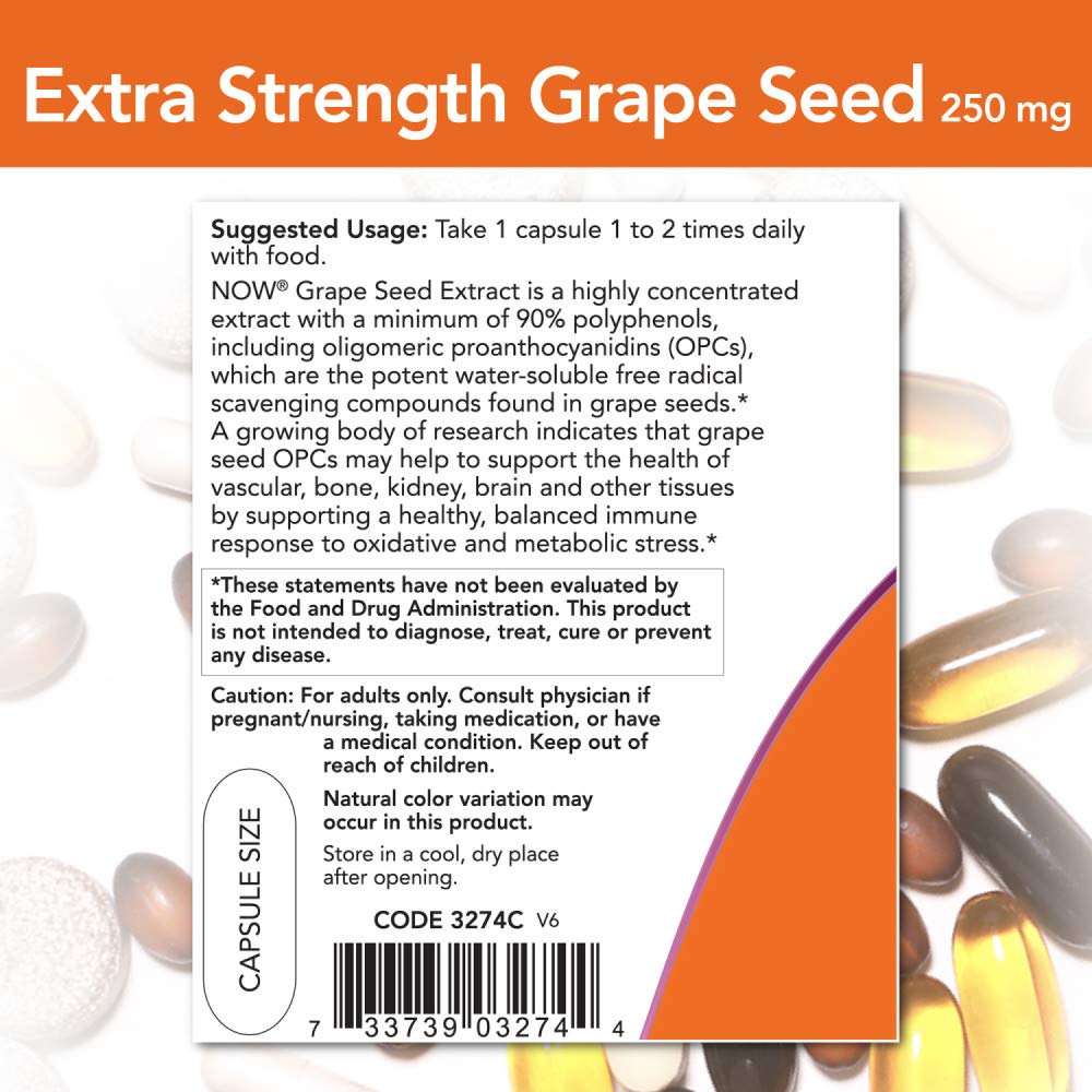 NOW Foods Grape Seed Extract ingredients panel; vegan and gluten-free