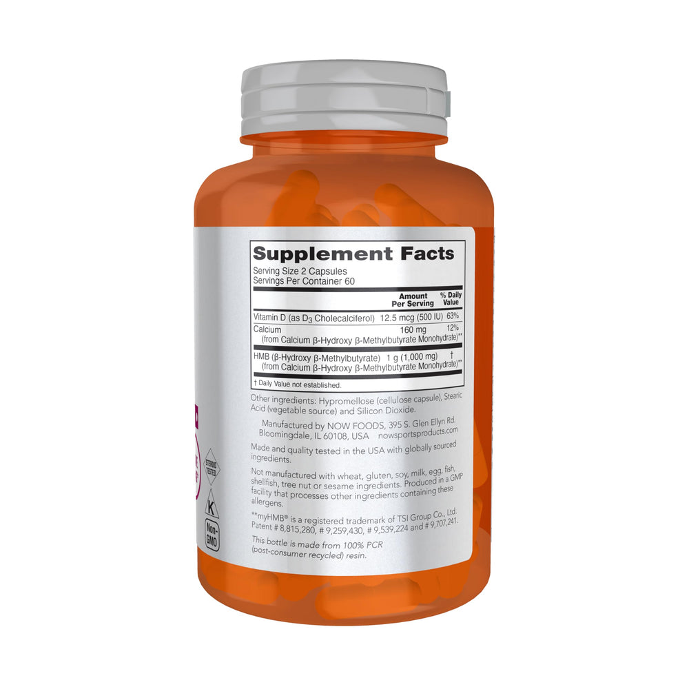 NOW Foods HMB bottle label closeup highlighting sport performance potential