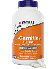 NOW Foods L-Carnitine 500 mg bottle with vegan capsules for energy support.