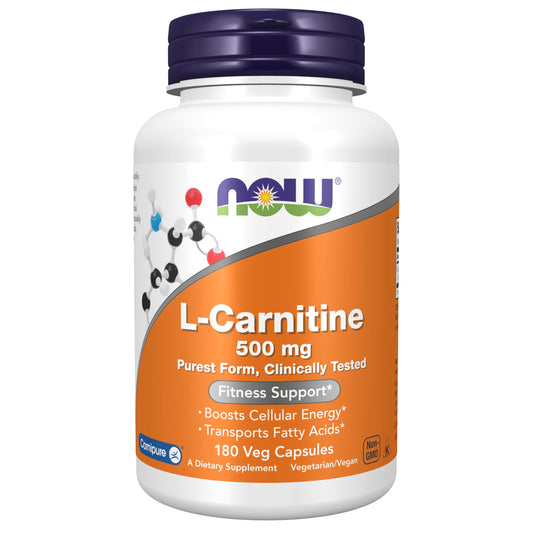 NOW Foods L-Carnitine 500mg veggie capsules bottle for energy support.
