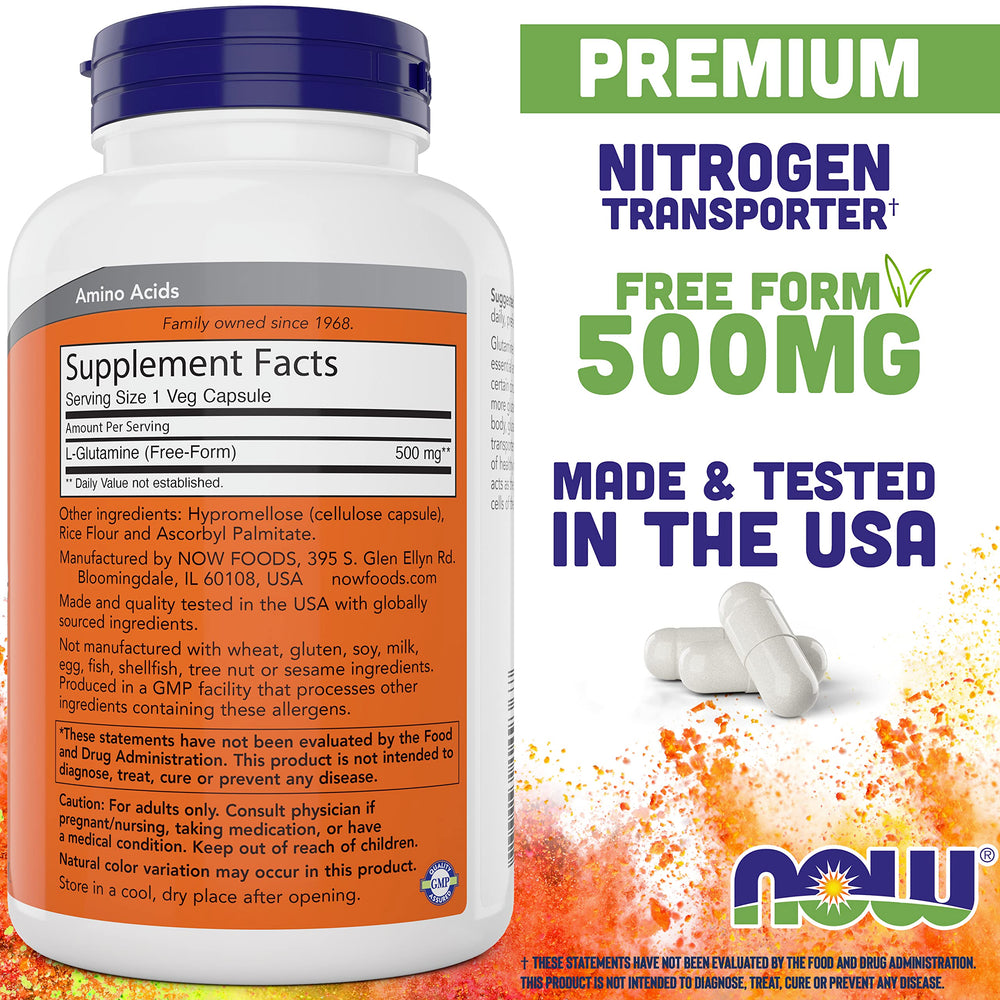 NOW Foods L-Glutamine capsules close-up on two-bottle pack, convenient for workouts.