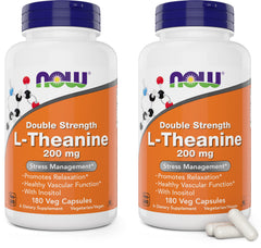 NOW Foods L-Theanine 200 mg bottle front promotes calm focus.