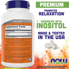 NOW Foods L-Theanine capsules pack shows two bottles for daily calm support.