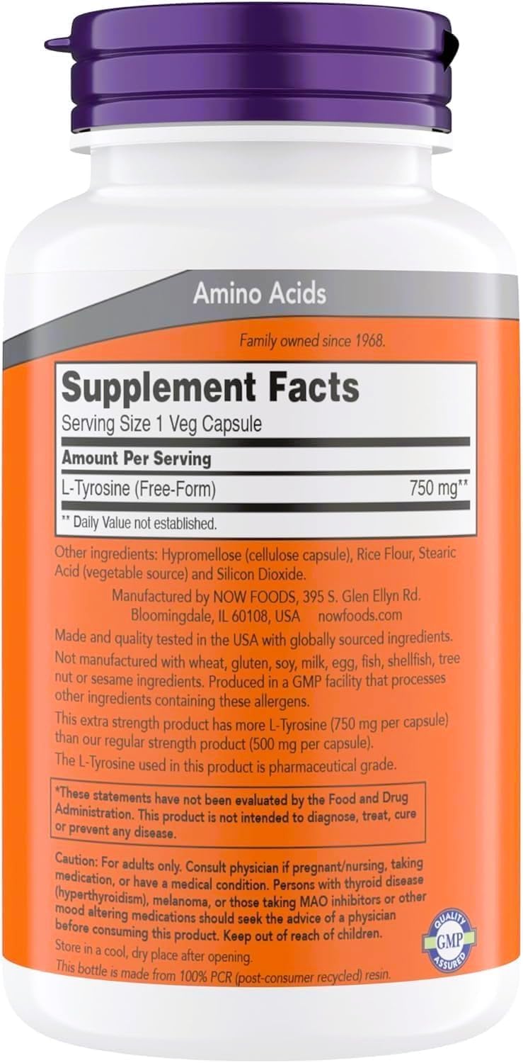 NOW Foods L-Tyrosine bottle label showing pharmaceutical grade quality