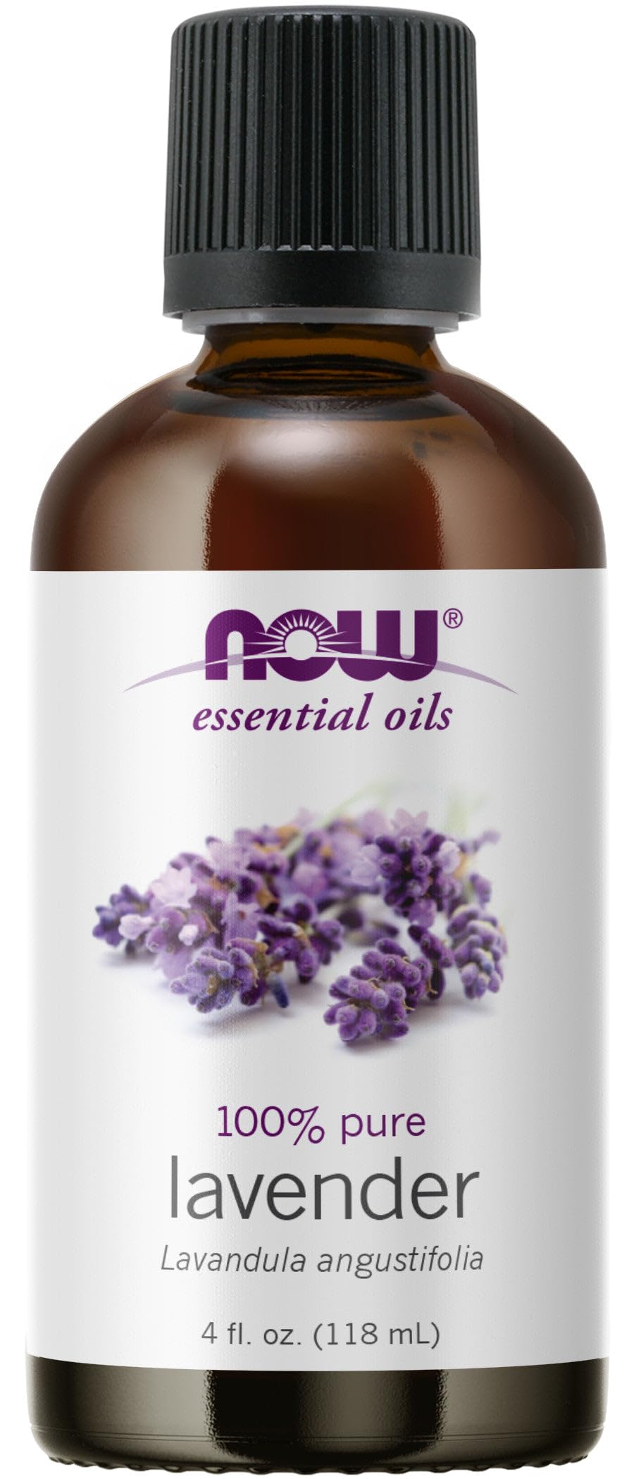 NOW Foods lavender oil 4 oz bottle for diffusion and skin care.