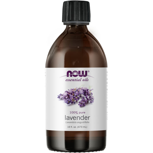 NOW Foods Lavender Oil bottle front with calming floral aroma