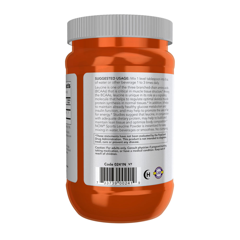 NOW Foods Leucine powder shaker demonstrates convenient dosing for lean tissue