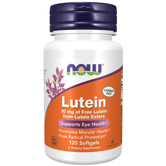 NOW Foods Lutein softgels bottle label shows 10 mg dosage for daily eye and skin wellness