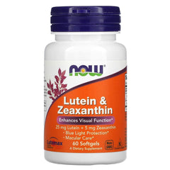 NOW Foods Lutein & Zeaxanthin softgels bottle, blue light protection and macular support.