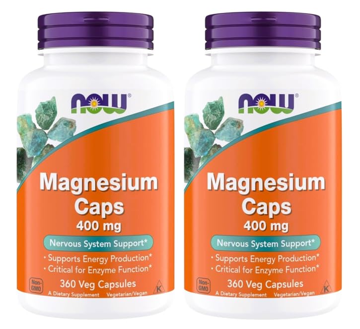 NOW Foods Magnesium 400 mg capsules bottle close-up for daily enzyme support.