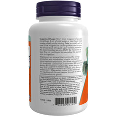 NOW Foods Magnesium Citrate Powder jar closeup shows fine texture for quick mixing in drinks.