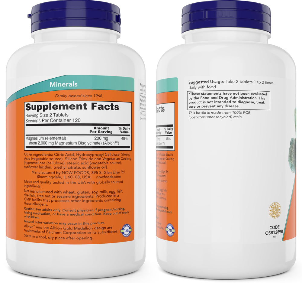 NOW Foods Magnesium Glycinate tablets pouring into hand for easy daily intake.