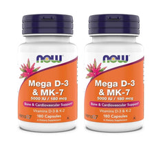 NOW Foods Mega D-3 & MK-7 bottle front view for bone and arterial support.