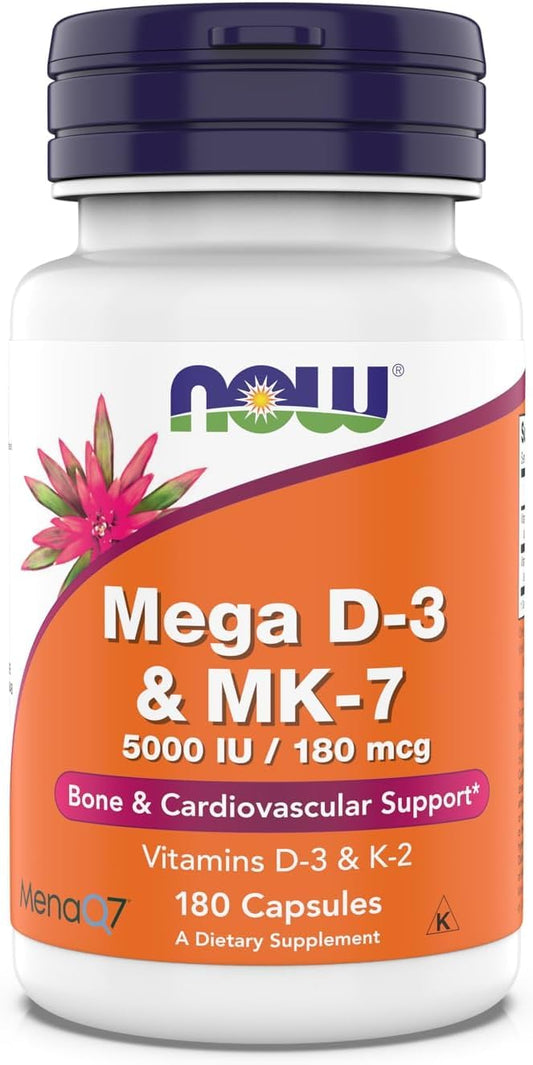 NOW Foods Mega D-3 & MK-7 bottle front label highlights bone and arterial support