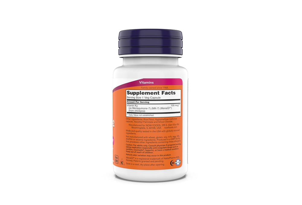 NOW Foods MK-7 capsules close-up, convenient vegan capsules for daily support.