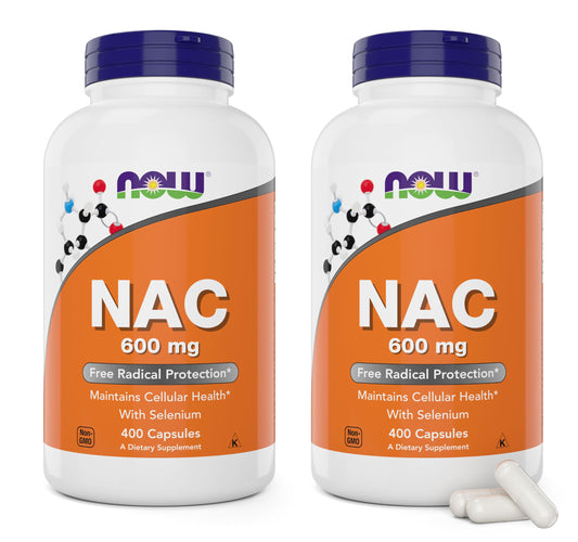 NOW Foods NAC 600mg bottle shown as a convenient two-pack for daily use