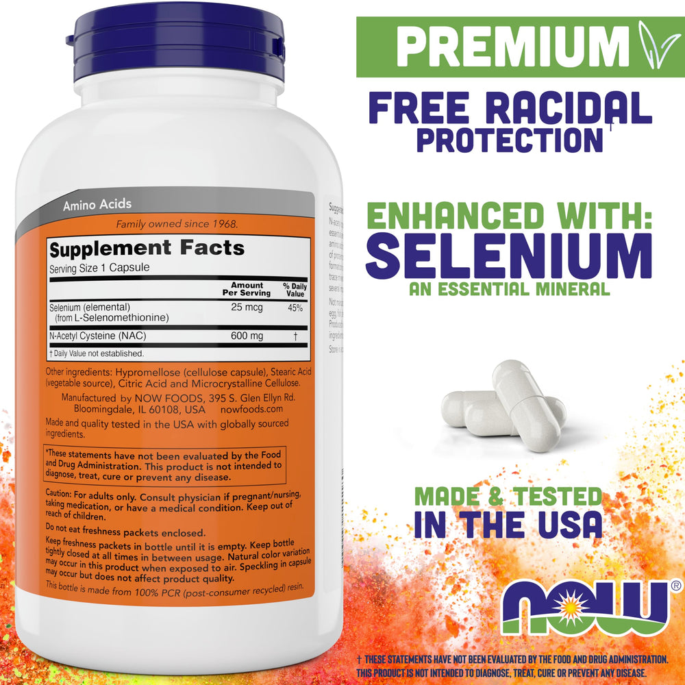 Now Foods NAC 600 mg capsules close-up for easy daily use.