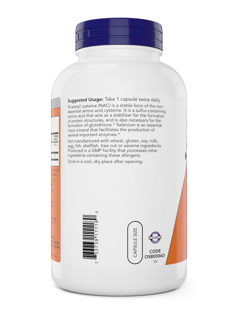NOW Foods NAC 600mg label highlighting selenium enrichment