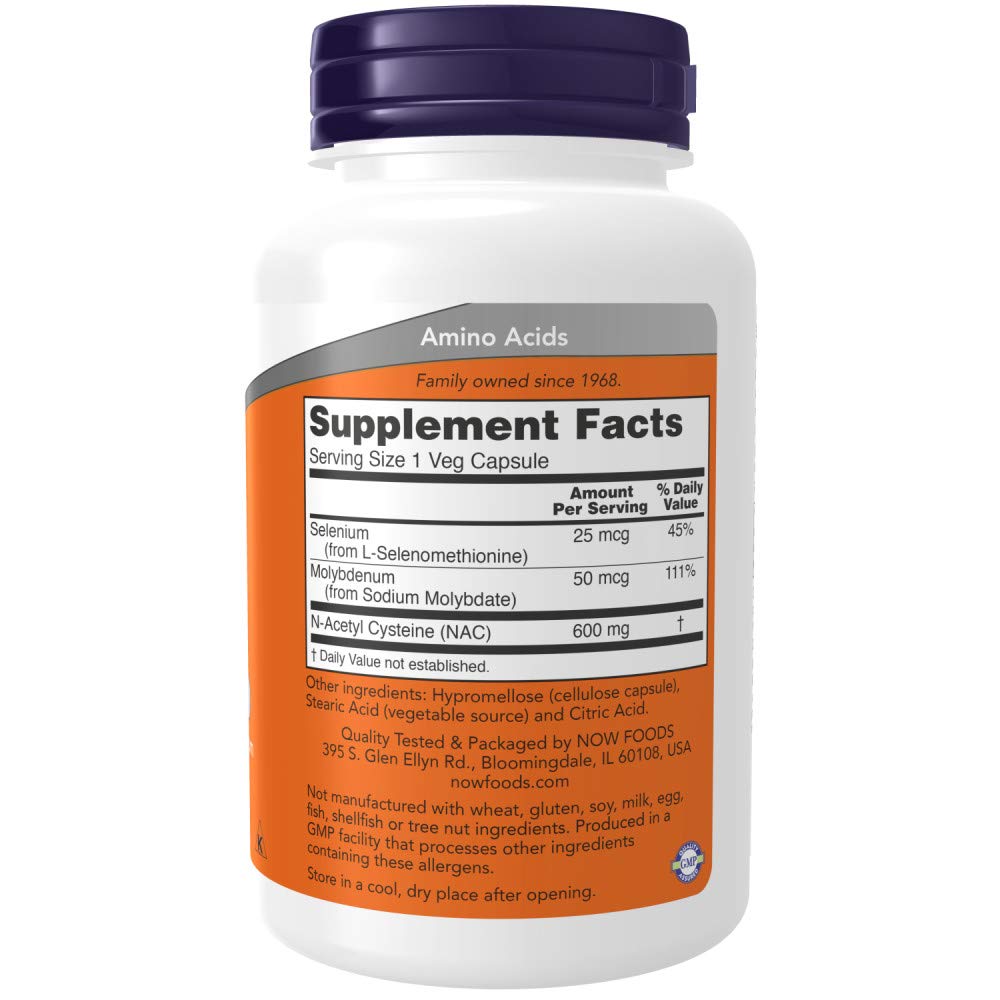 NOW Foods NAC label closeup highlighting allergen-free ingredients.