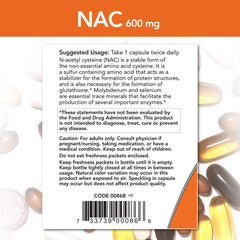 NOW Foods NAC packaging highlights clean label and storage ease.