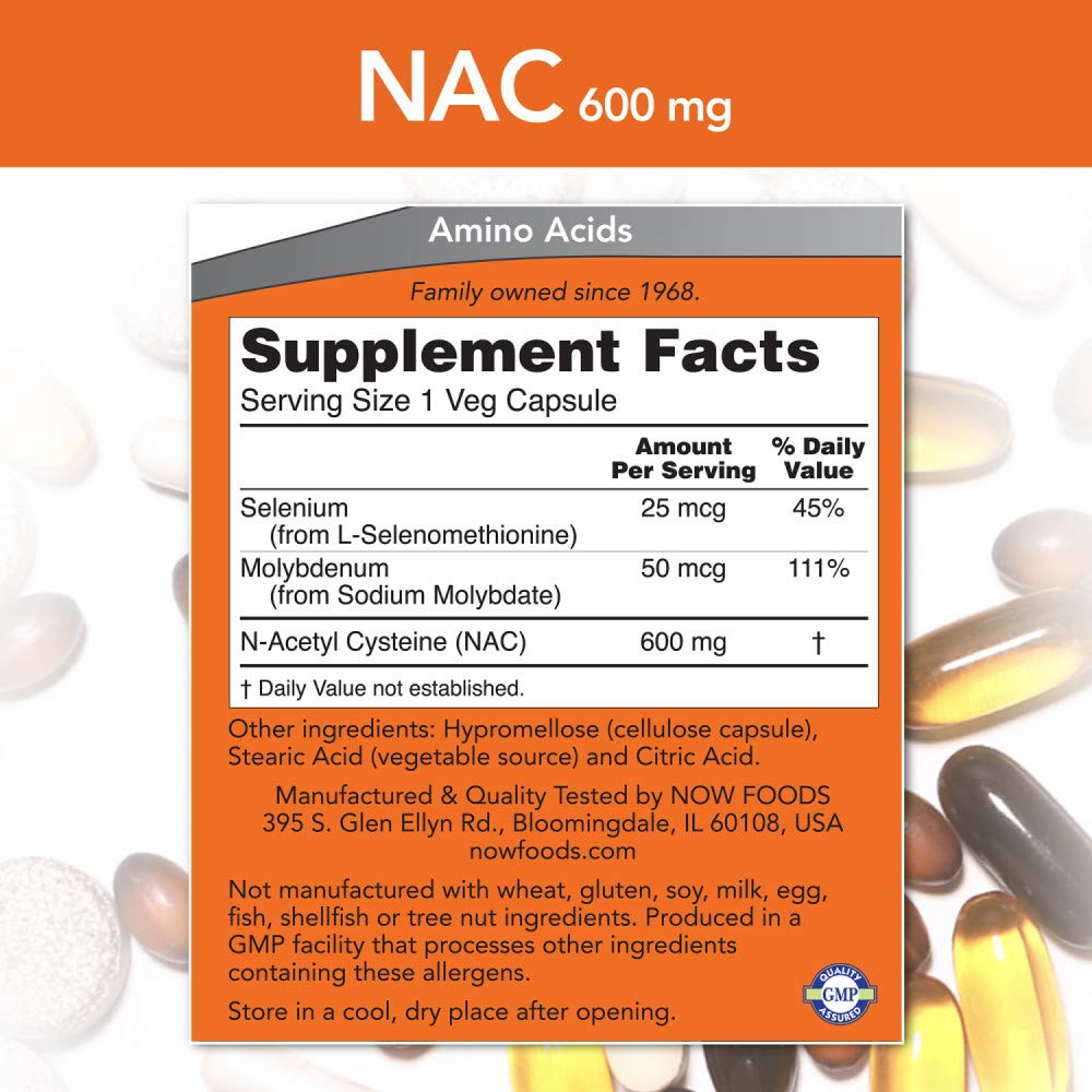 NOW Foods NAC pour bottle image suggests simple daily intake.