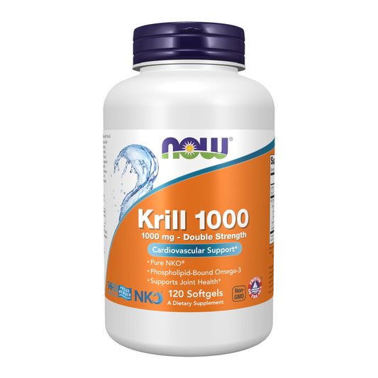 NOW Foods Neptune Krill Oil bottle-front shows double-strength softgels for joint support.