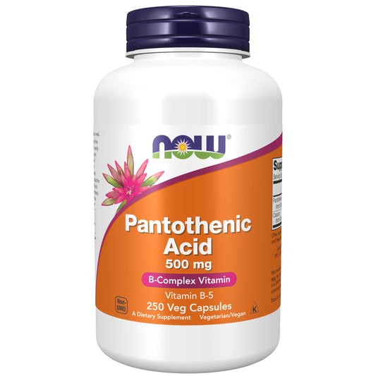 NOW Foods Pantothenic Acid 500 mg bottle with label, showcasing energy metabolism support potential.