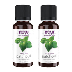 NOW Foods Patchouli oil bottle, steam distilled, ideal for aromatherapy and mood grounding.