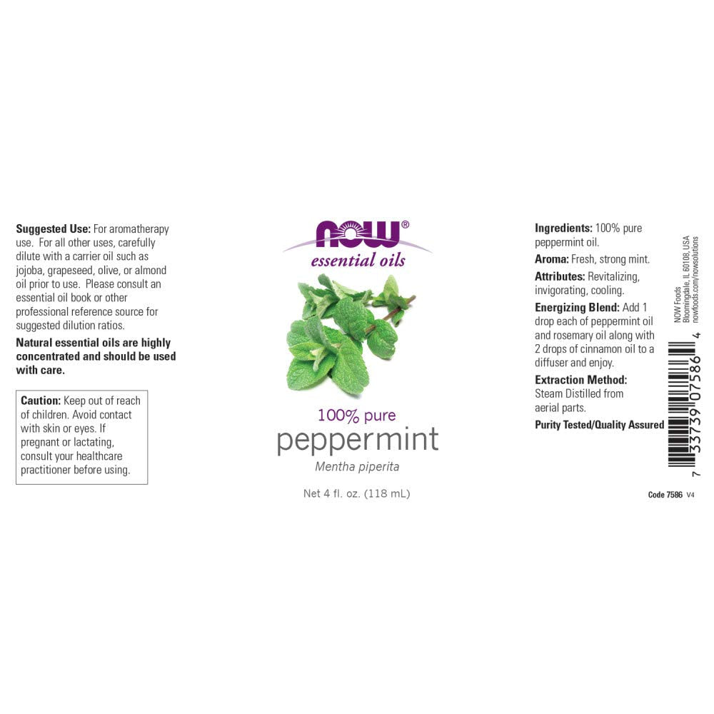 NOW Foods peppermint oil label closeup, purity and steam-distilled origins