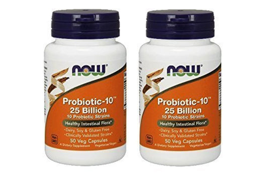 NOW Foods Probiotic-10 bottle with 25B CFU in veggie capsules for daily gut support.