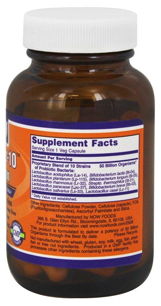 NOW Foods Probiotic 10-50 Billion capsules, easy daily digestive support.