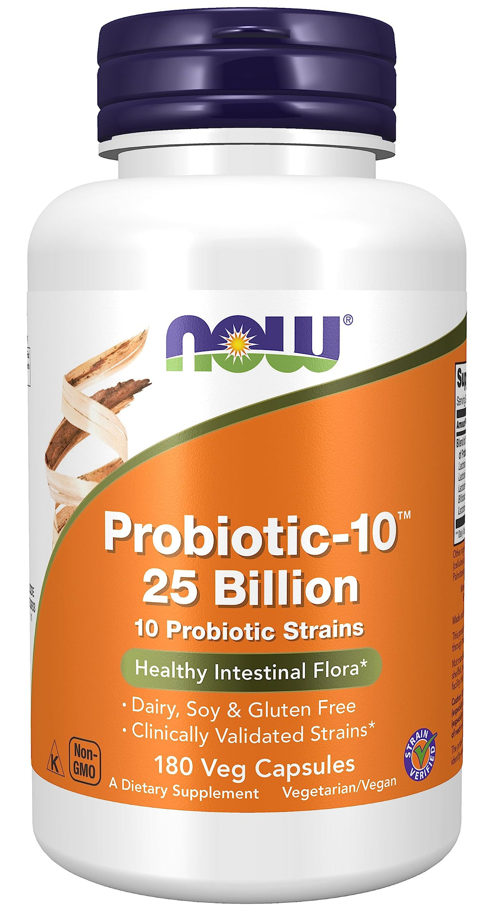 NOW Foods Probiotic-10 bottle cap shows the container for daily gut support