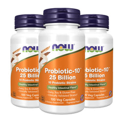 NOW Foods Probiotic-10 bottle front shows the label and 25 billion CFU for gut support.