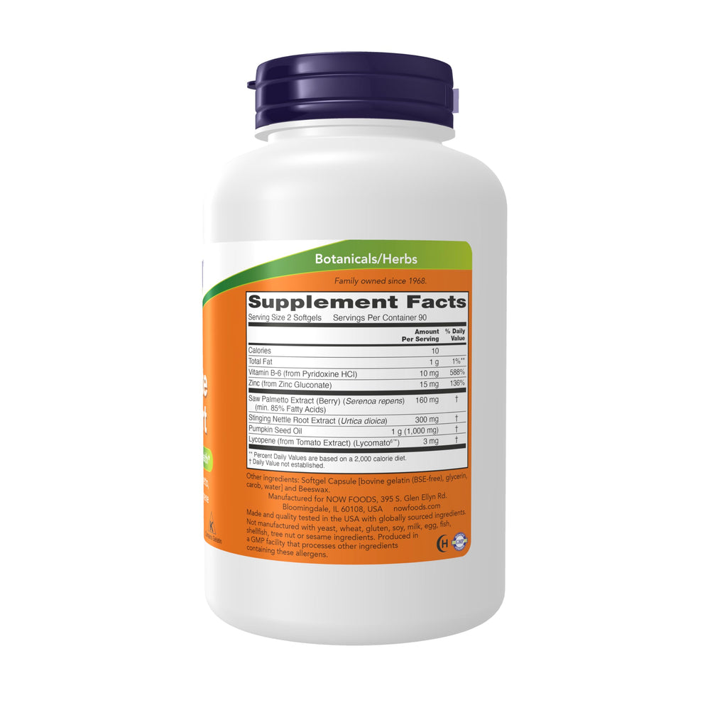 NOW Foods Prostate Support softgels close-up, easy-to-take daily capsules.