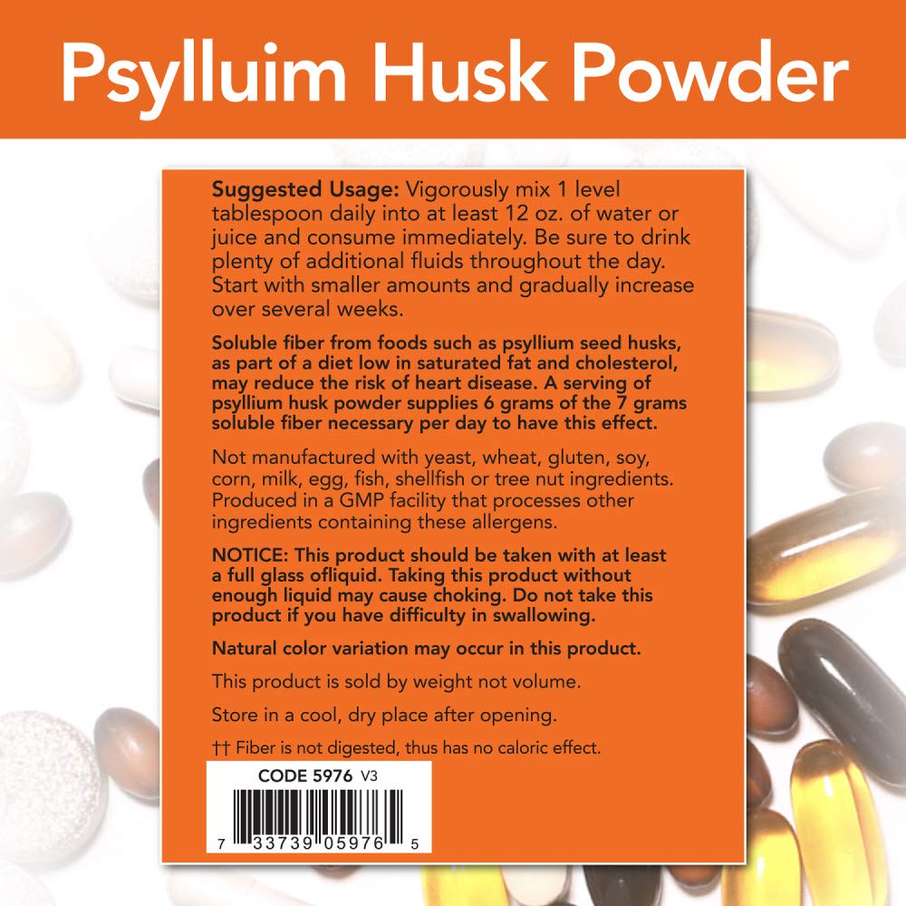 NOW Foods psyllium husk powder jar label highlights rich soluble fiber source.