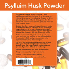 NOW Foods psyllium husk powder jar label highlights rich soluble fiber source.