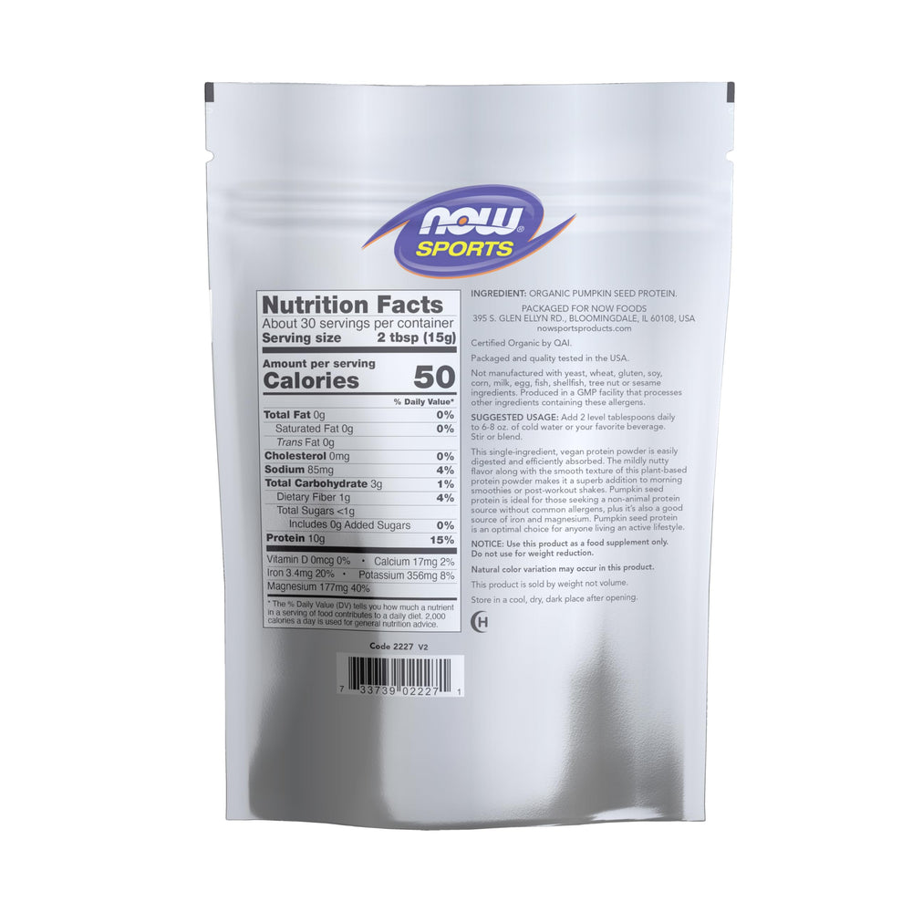 NOW Foods pumpkin seed protein powder bag back label displays non-GMO and ingredients.