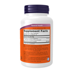 NOW Foods Pycnogenol bottle label, highlighting proanthocyanidins and bioflavonoids for vascular health