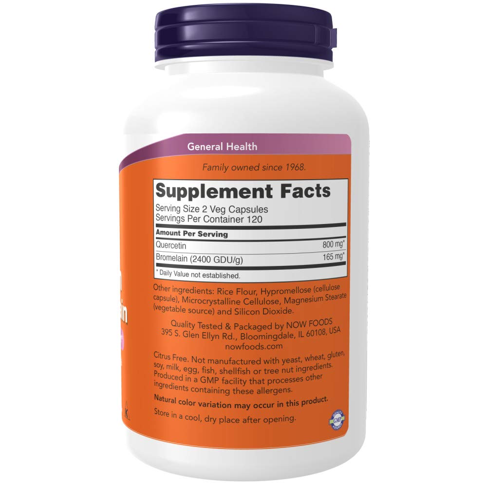 NOW Foods Quercetin with Bromelain capsules close-up highlighting easy twice-daily dosing