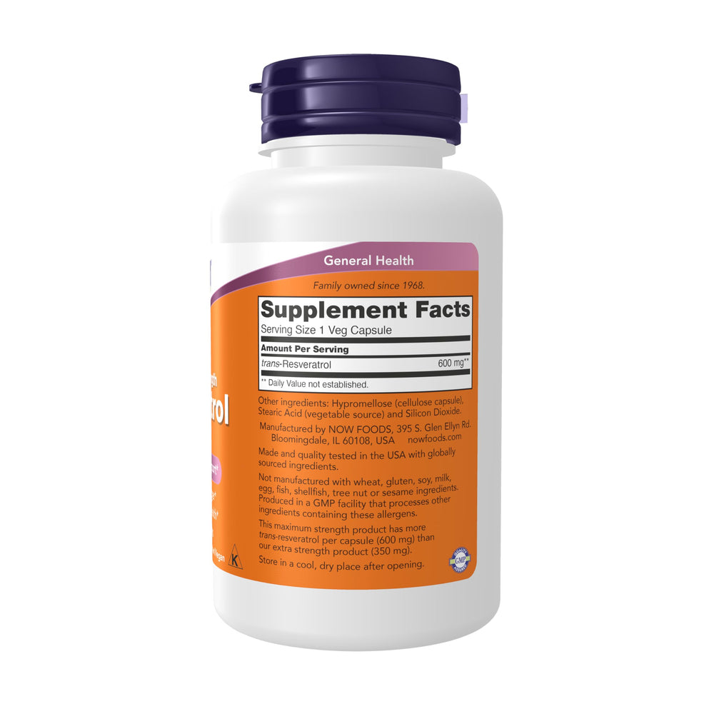NOW Foods Resveratrol 600 mg capsules pack for daily antioxidant support.