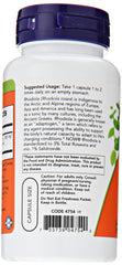NOW Foods Rhodiola capsules close-up shows 3% rosavins and 1% salidroside.