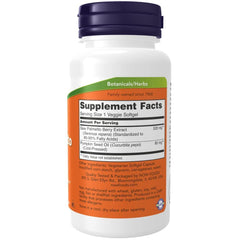 NOW Foods Saw Palmetto 320 mg softgels close-up showing daily urinary flow support.