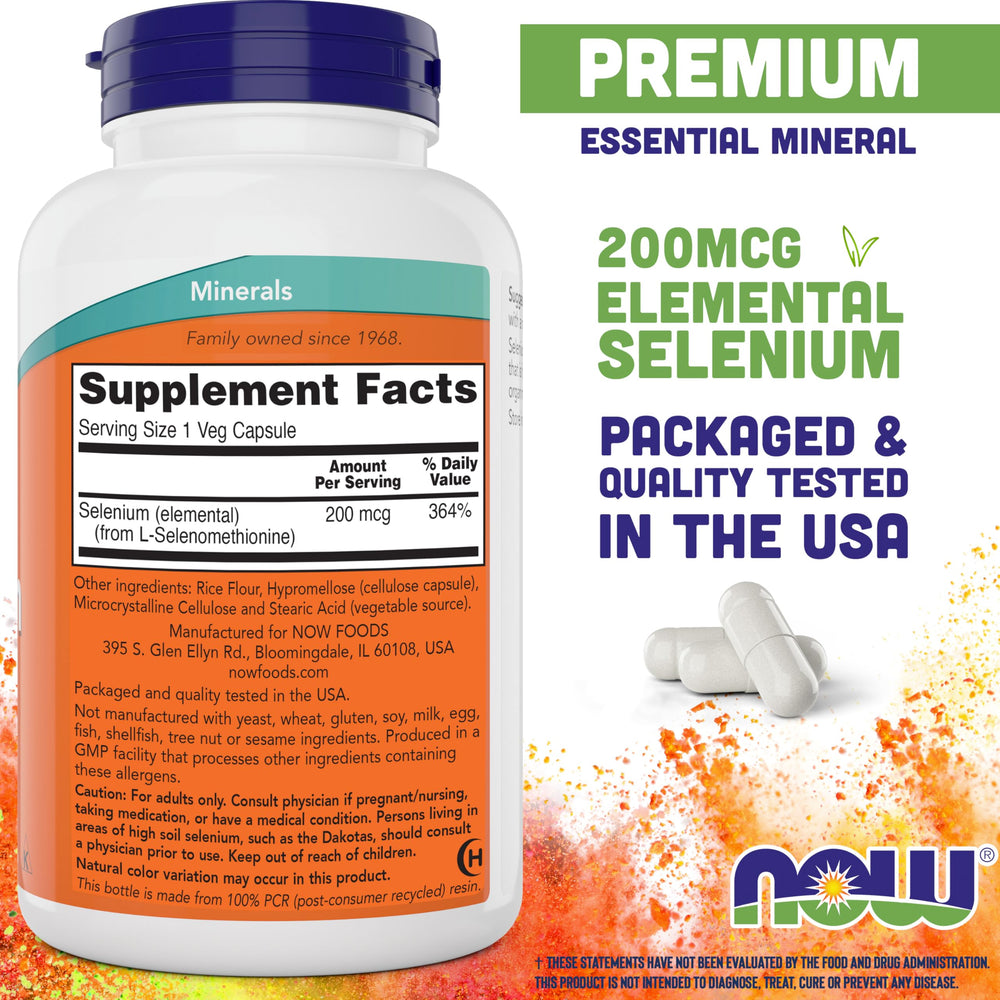 Closeup of NOW Foods Selenium 200mcg capsules for easy swallowing