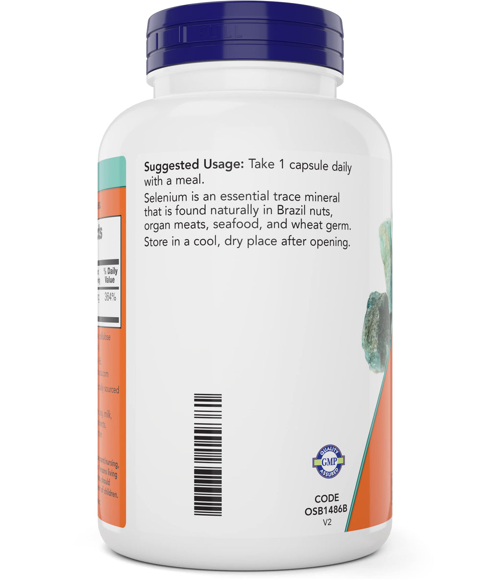 NOW Foods Selenium 200mcg label shows non-GMO and vegan features