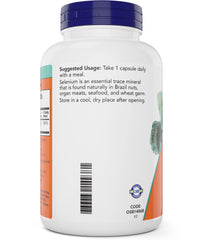 NOW Foods Selenium 200mcg label shows non-GMO and vegan features