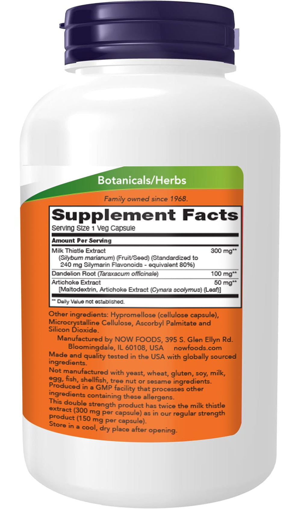 NOW Foods Silymarin capsules close-up showing vegetarian non-GMO formula with artichoke and dandelion.