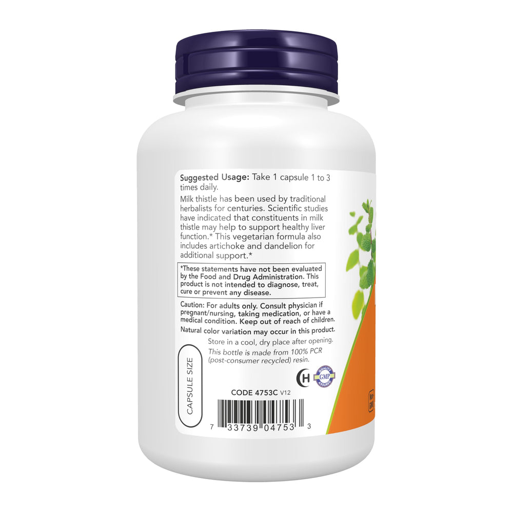 NOW Foods Silymarin bottle label closeup shows vegetarian capsules for daily wellness.